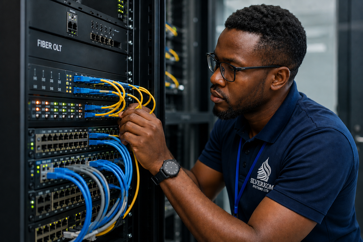 Technician working on network infrastructure