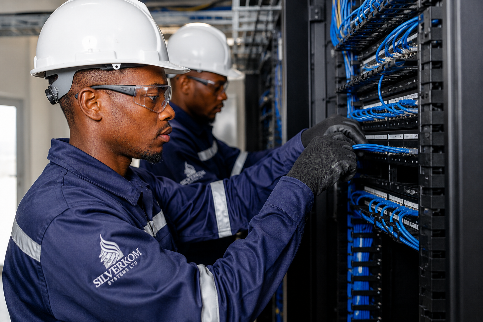 Technicians installing structured cabling